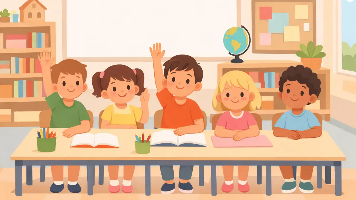 Dzieci siedzące w ławkach w klasie szkolnej podczas zajęć - gotowość szkolna