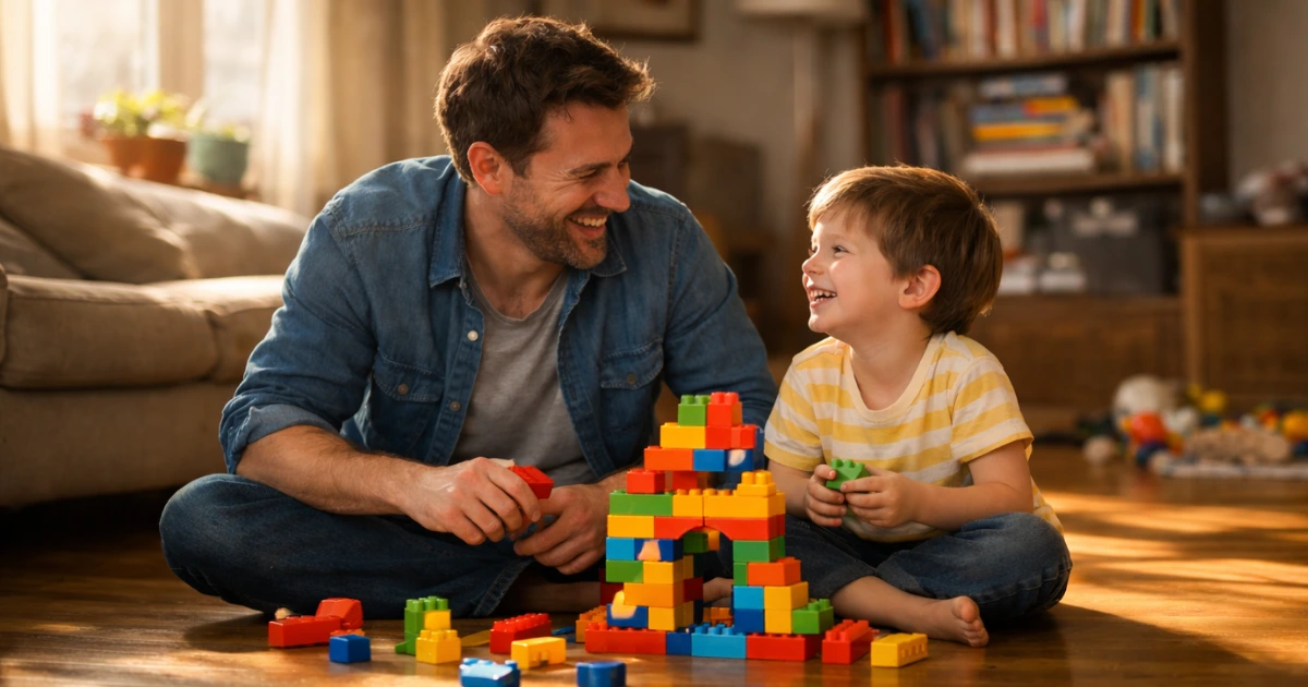 Tata i syn wspólnie układają kolorowe klocki na podłodze. Przykład rozwijania umiejętności dziecka.