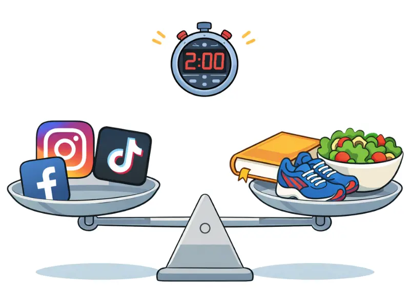 Waga  - na jednej szali stoiją ikony mediów społecznościowych a na drugiej szali: buty do biegania, ksiązka oraz zdrowy posiłek