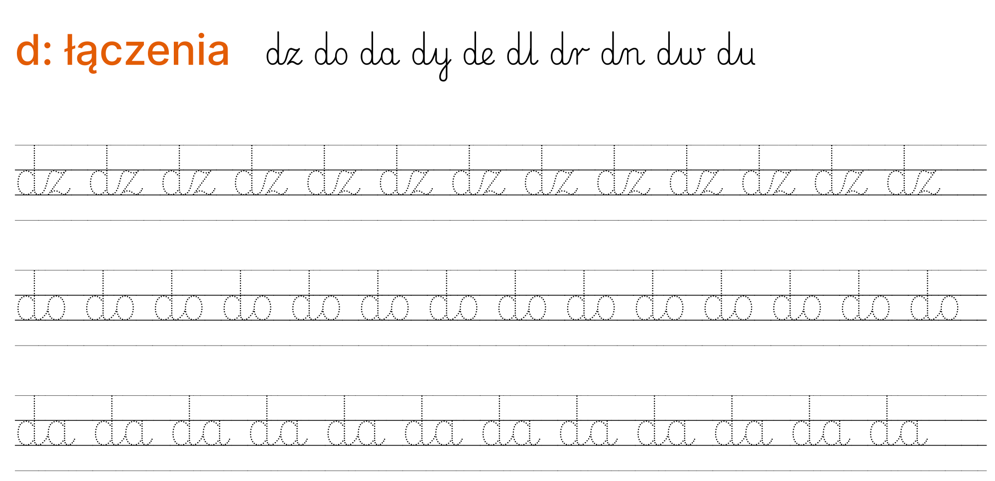Przykład ćwiczeń łączenia liter polskiego alfabetu w czcionce specjalnej do nauki pisania
