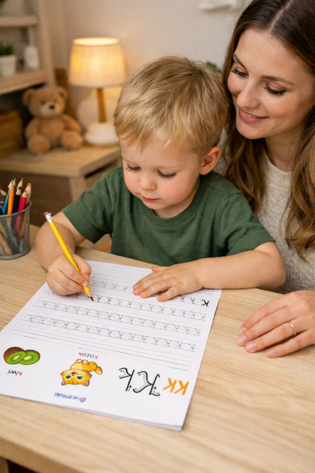Przedszkolak uczy się pisać litery po śladzie na karcie pracy do nauki pisania ręcznego. Siedzi przy biurku i towarzyszy mu mama.
