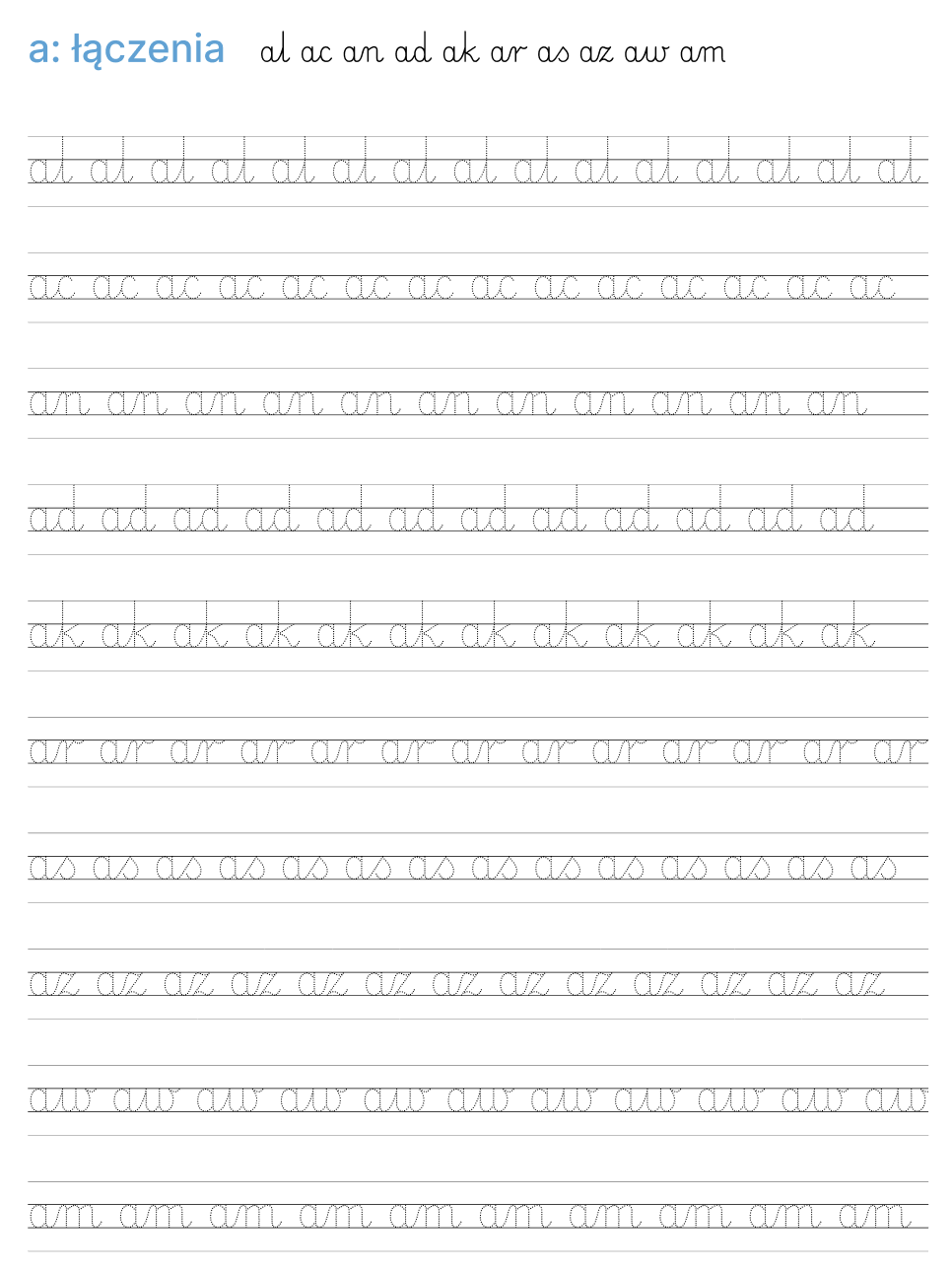 Przykładowa karta pracy do nauki ligatur - łączeń lister A z innymi literami alfabetu. Karta pracy do nauki pisania po kropkach.