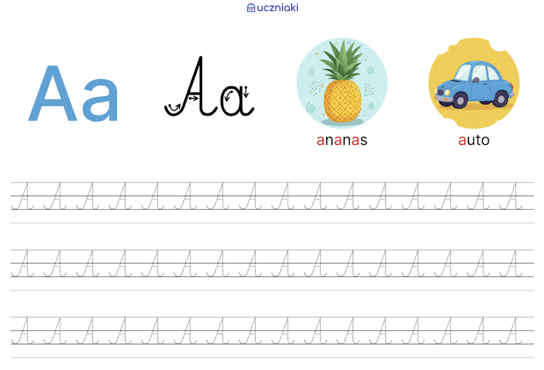 Przykładowa karta pracy do nauki pisania litery A po kropkach