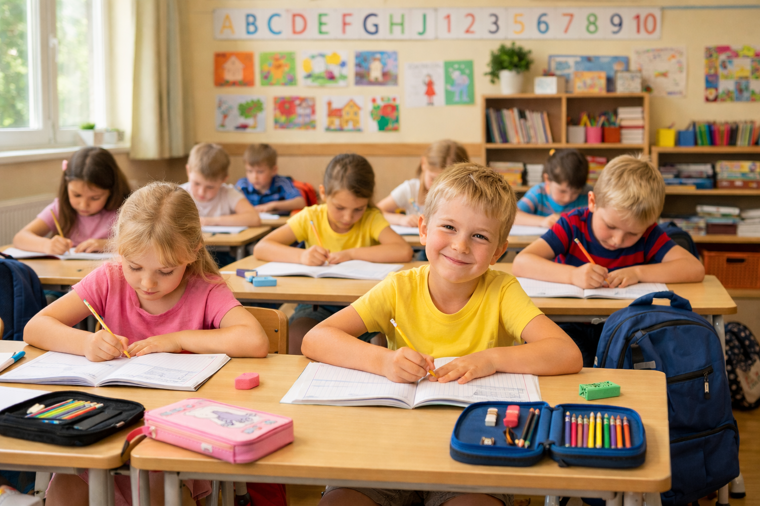 Arkusz z ćwiczeniami pisania po śladzie pokazujący kropkowane linie i litery do nauki pisania ręcznego.